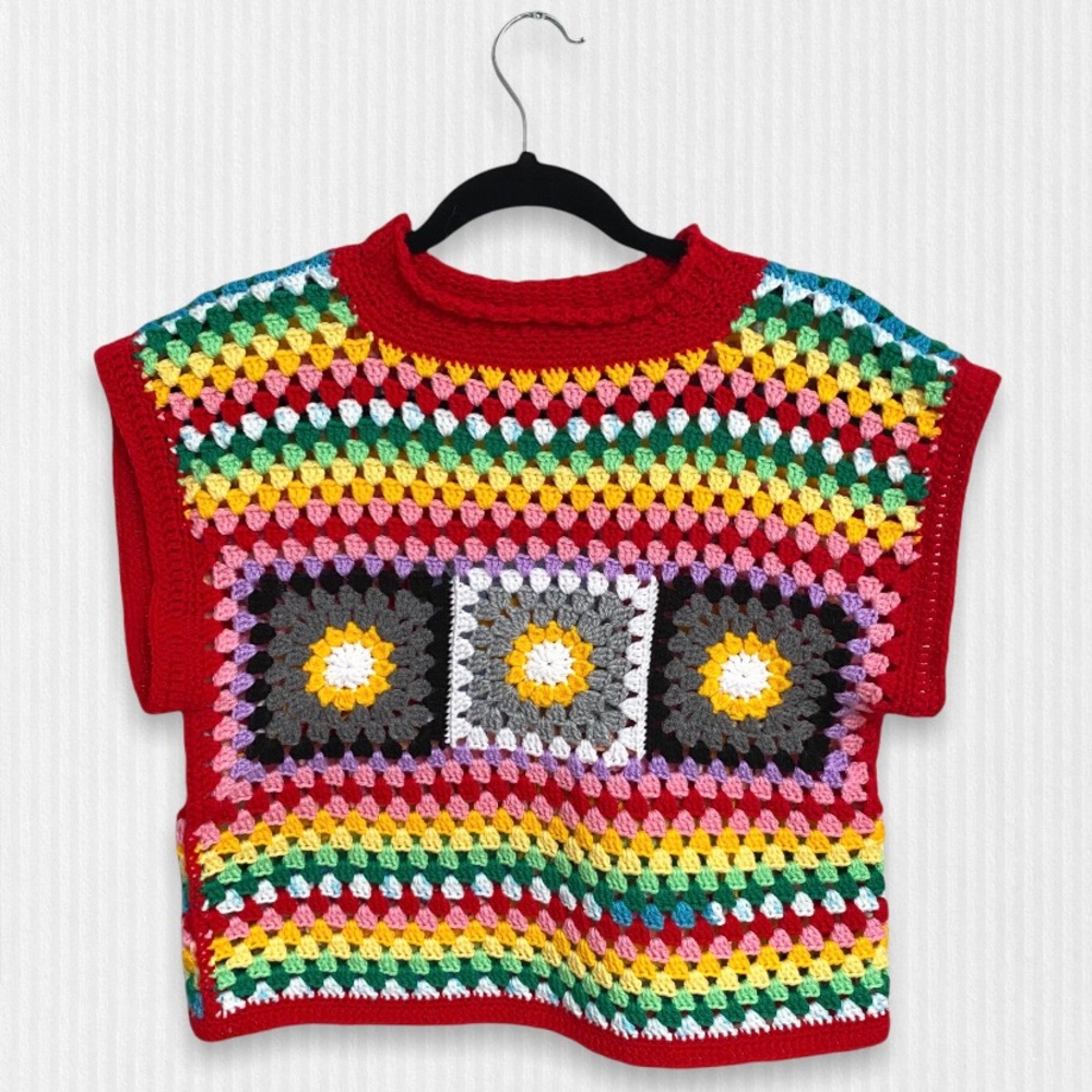 Handmade Crochet Granny Square Rainbow Daisy Sweater Vest Mock Neck Red Trim - Picture 2 of 7